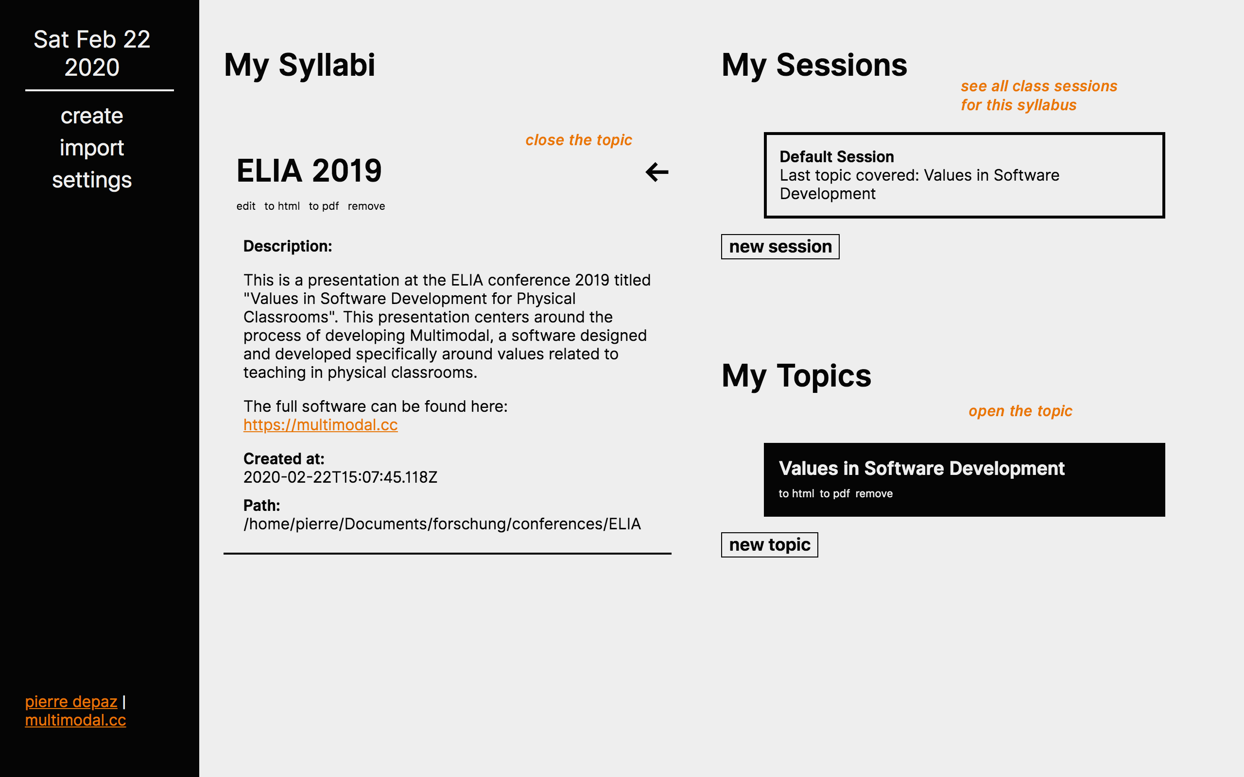 Multimodal main board, featuring a syllabus and class sessions